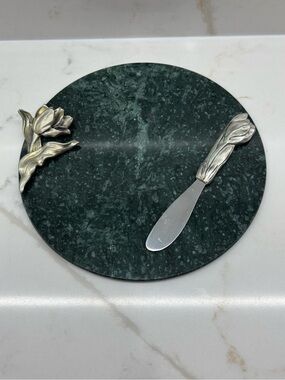 Vintage Seagull Pewter Tulip on Marble Cheese Board with Tulip Handled Knife 90s